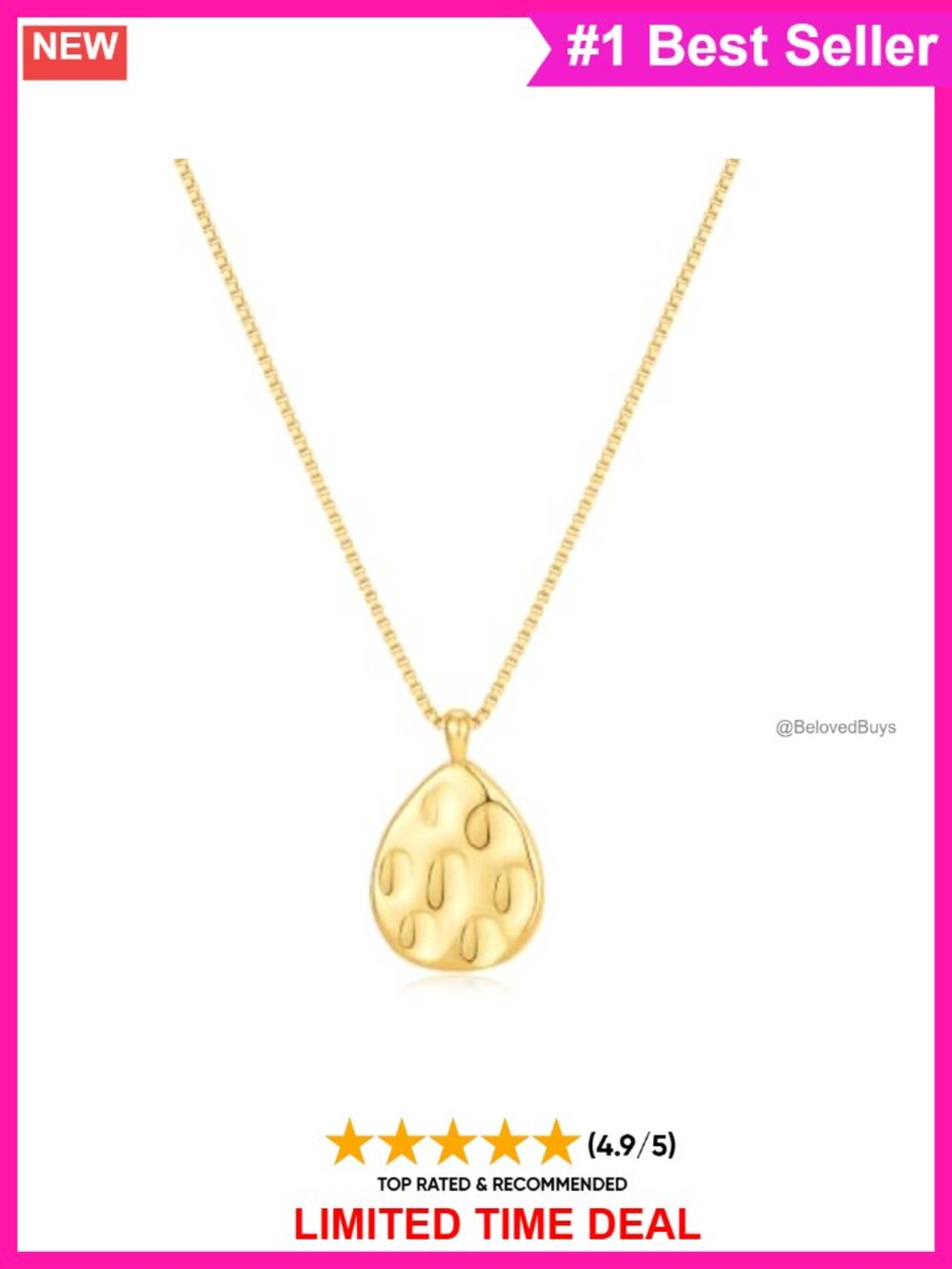 14K Gold Plated Hammered Teardrop Pendant Necklace Boho Minimalist